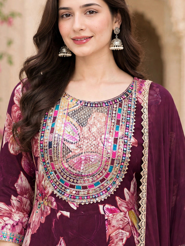 Women Floral Printed & Yoke Embroidered Anarkali Kurta Pant Set With Dupatta