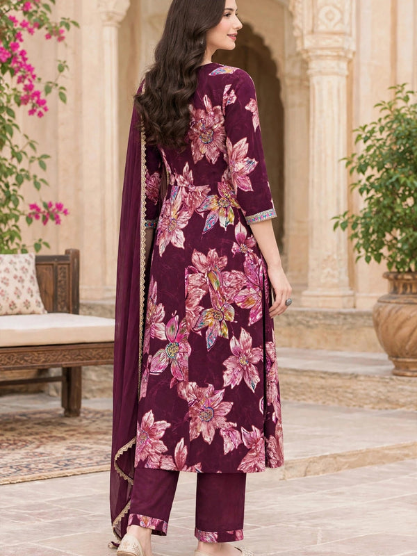 Women Floral Printed & Yoke Embroidered Anarkali Kurta Pant Set With Dupatta