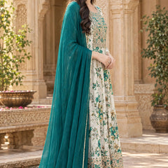 Women Floral Printed & Yoke Embroidered Anarkali Kurta Pant Set With Dupatta