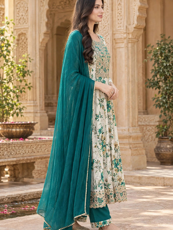 Women Floral Printed & Yoke Embroidered Anarkali Kurta Pant Set With Dupatta