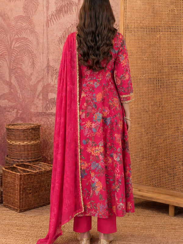 Women Floral Printed Anarkali Kurta Pant Set With Dupatta