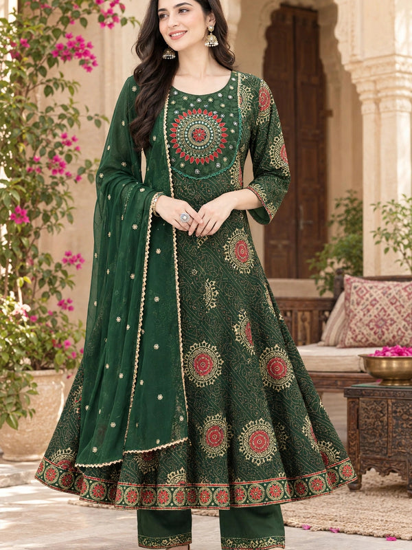 Women Floral Printed & Yoke Embroidered Anarkali Kurta Pant Set With Dupatta