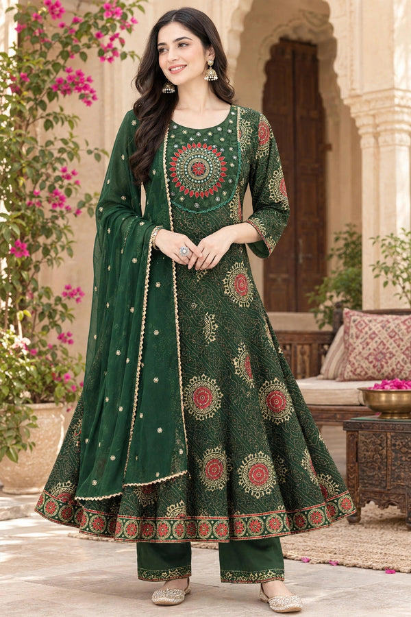 Women Floral Printed & Yoke Embroidered Anarkali Kurta Pant Set With Dupatta