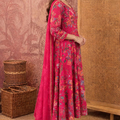 Women Floral Printed Anarkali Kurta Pant Set With Dupatta