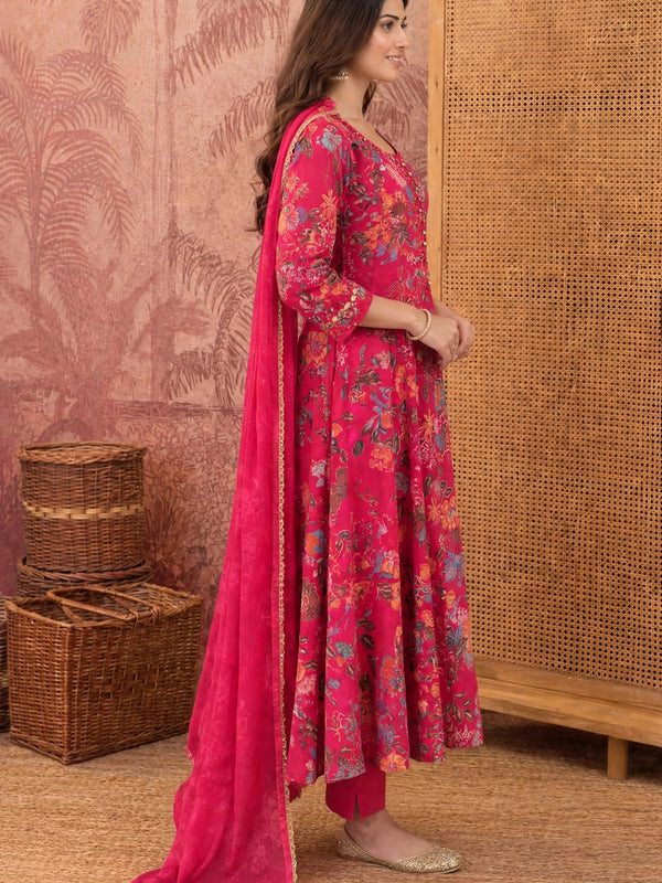 Women Floral Printed Anarkali Kurta Pant Set With Dupatta