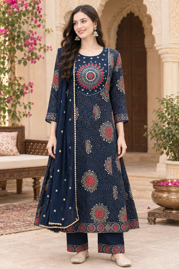 Women Floral Printed & Yoke Embroidered Anarkali Kurta Pant Set With Dupatta
