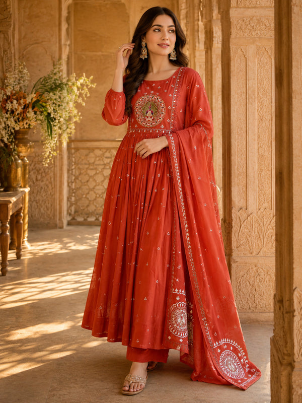 Women's Embroidered Cotton Anarkali Set