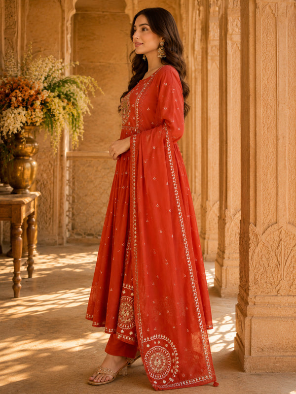 Women's Embroidered Cotton Anarkali Set