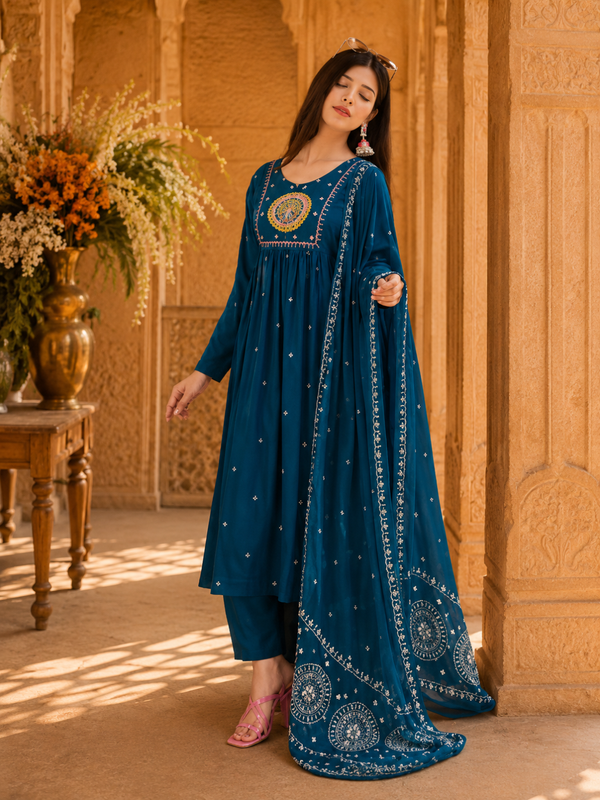 Women's Embroidered Cotton Anarkali Set