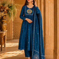 Women's Embroidered Cotton Anarkali Set