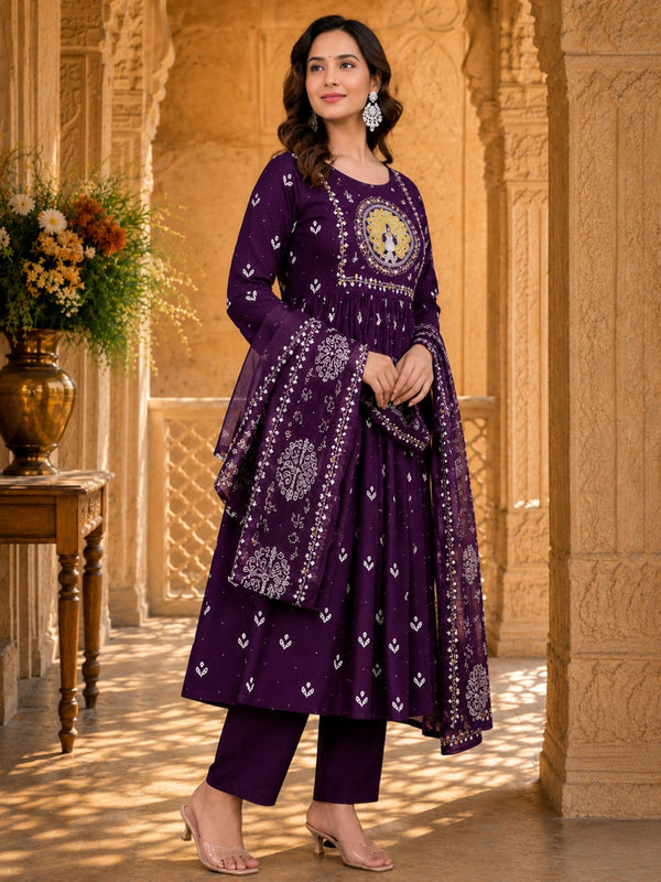 Women's Embroidered Cotton Anarkali Set