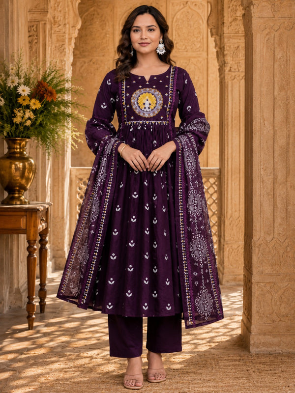 Women's Printed & Embroidered Cotton Anarkali Set