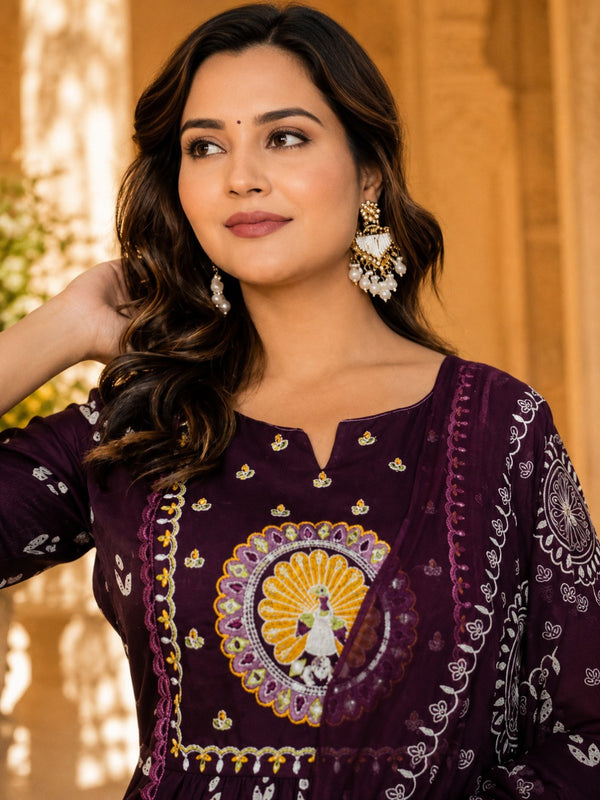 Women's Embroidered Cotton Anarkali Set