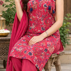 Women Floral Printed Sleeve Less Straight Kurta Pant Set With Dupatta