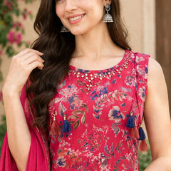 Women Floral Printed Sleeve Less Straight Kurta Pant Set With Dupatta