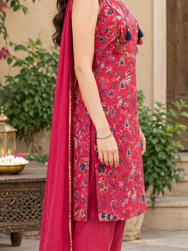 Women Floral Printed Sleeve Less Straight Kurta Pant Set With Dupatta