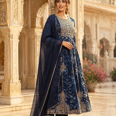 Blue Rayon Printed Sequin Anarkali Set