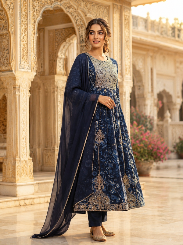 Blue Rayon Printed Sequin Anarkali Set