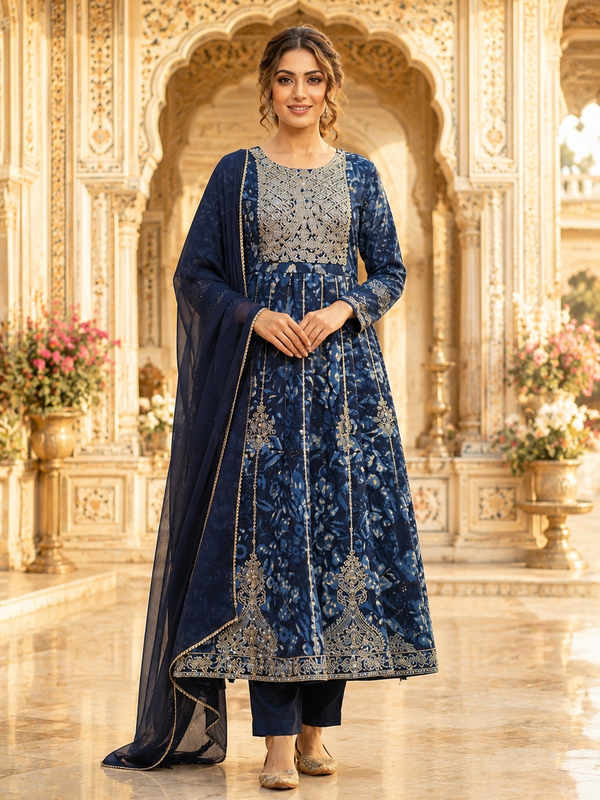Blue Rayon Printed Sequin Anarkali Set