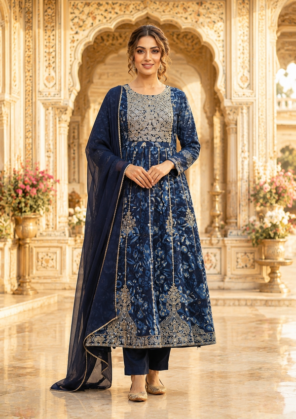 Blue Rayon Printed Sequin Anarkali Set
