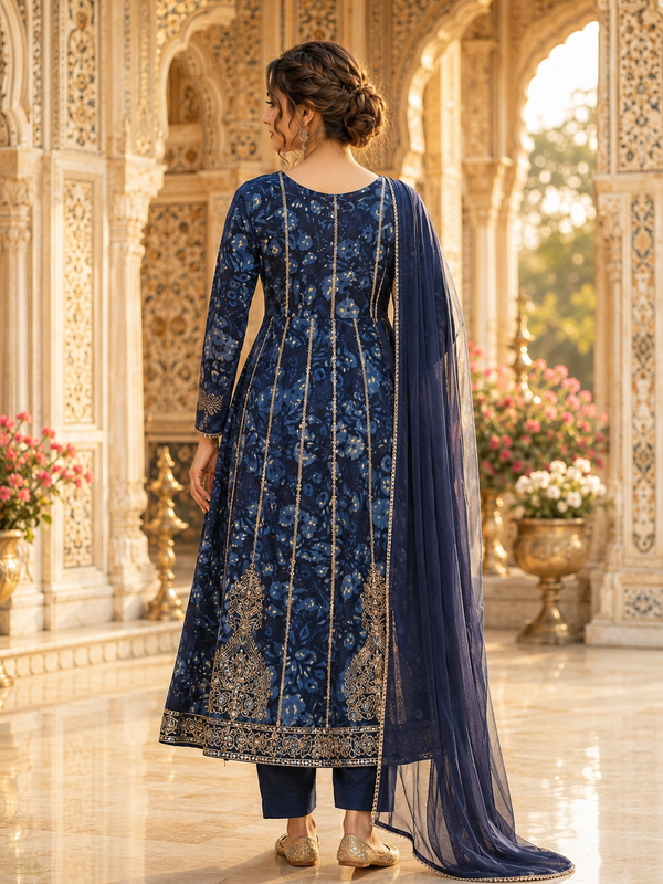 Blue Rayon Printed Sequin Anarkali Set