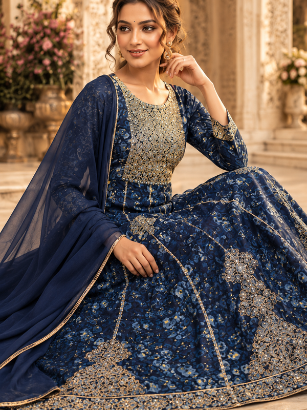Blue Rayon Printed Sequin Anarkali Set