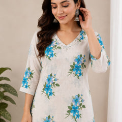 Cotton Flax Floral Printed  Kurta Palazzo Set