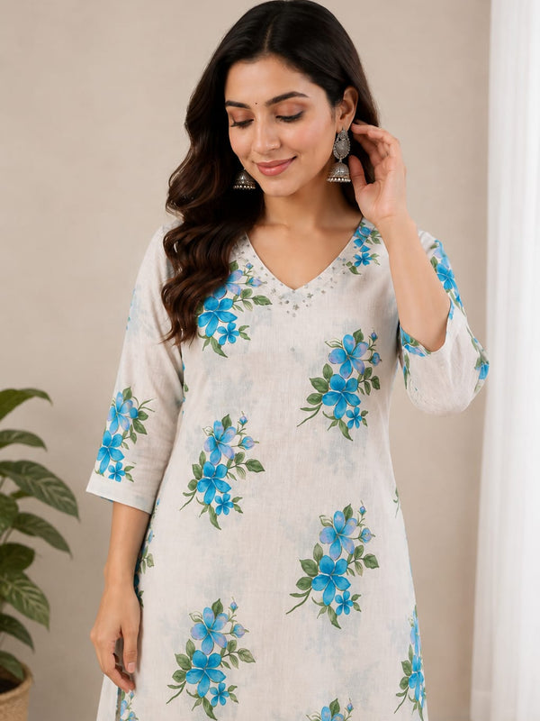 Cotton Flax Floral Printed  Kurta Palazzo Set