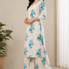 Cotton Flax Floral Printed  Kurta Palazzo Set