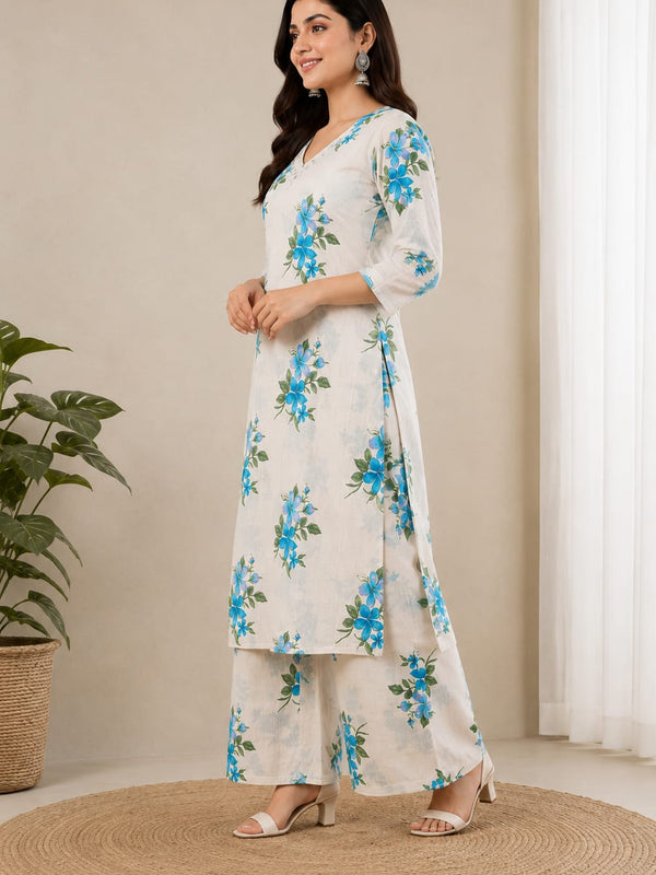 Cotton Flax Floral Printed  Kurta Palazzo Set
