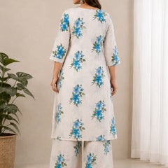 Cotton Flax Floral Printed  Kurta Palazzo Set