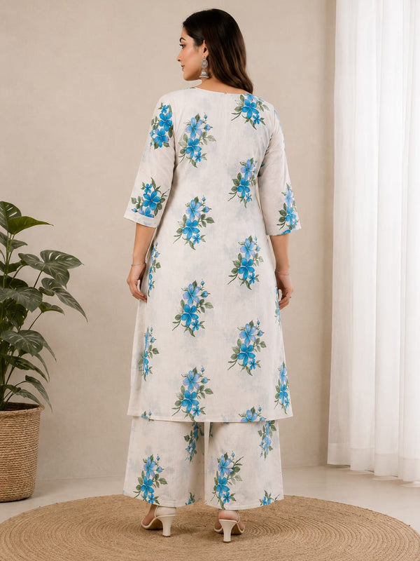 Cotton Flax Floral Printed  Kurta Palazzo Set