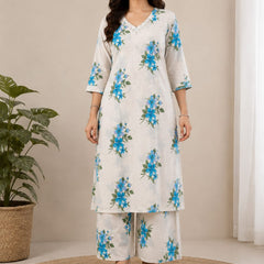 Cotton Flax Floral Printed  Kurta Palazzo Set