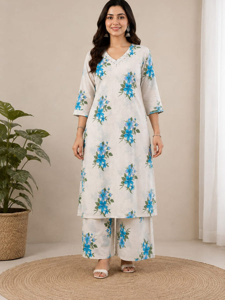 Floral Printed Cotton Flax Kurta Palazzo Set