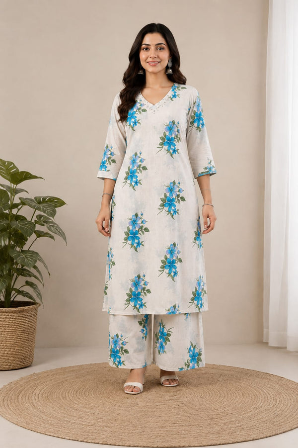 Floral Printed Cotton Flax Kurta Palazzo Set