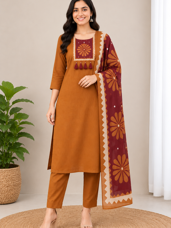 Cotton Printed Kurta Pant Set with Mirror Work