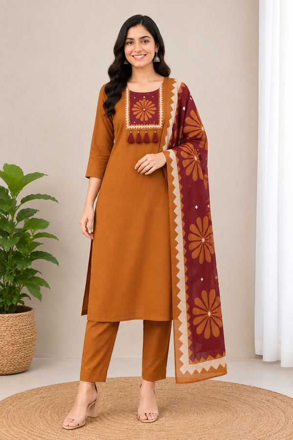 Cotton Printed Kurta Pant Set with Mirror Work