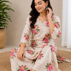 Cotton Flax Floral Printed  Kurta Palazzo Set