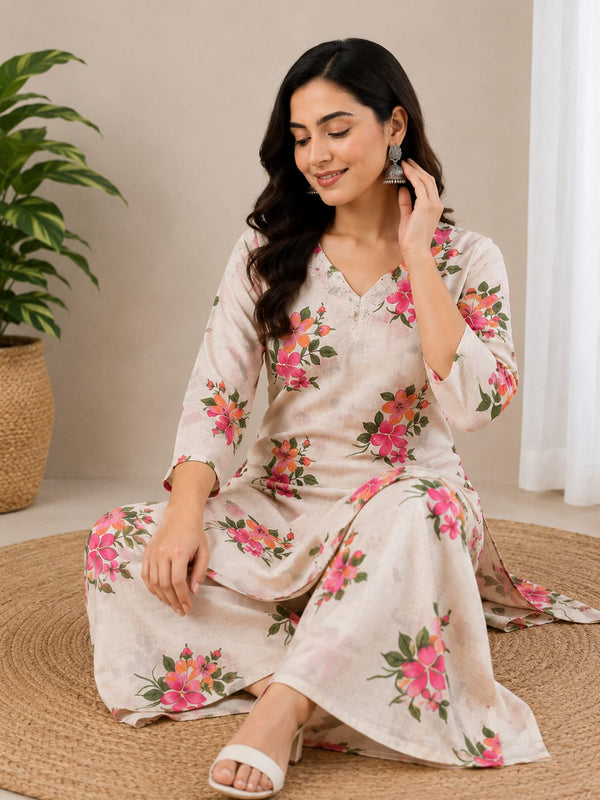 Cotton Flax Floral Printed  Kurta Palazzo Set