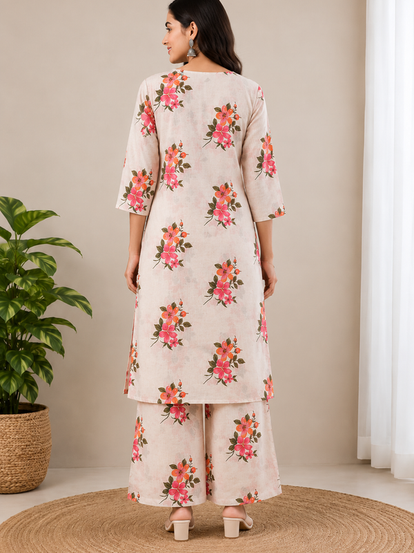 Cotton Flax Floral Printed  Kurta Palazzo Set