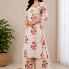 Cotton Flax Floral Printed  Kurta Palazzo Set