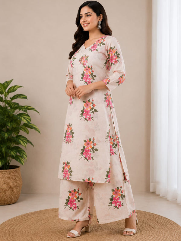 Cotton Flax Floral Printed  Kurta Palazzo Set
