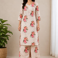 Cotton Flax Floral Printed  Kurta Palazzo Set
