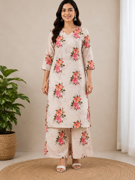 Cotton Flax Floral Printed  Kurta Palazzo Set
