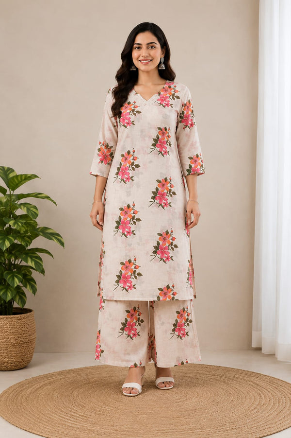 Cotton Flax Floral Printed  Kurta Palazzo Set